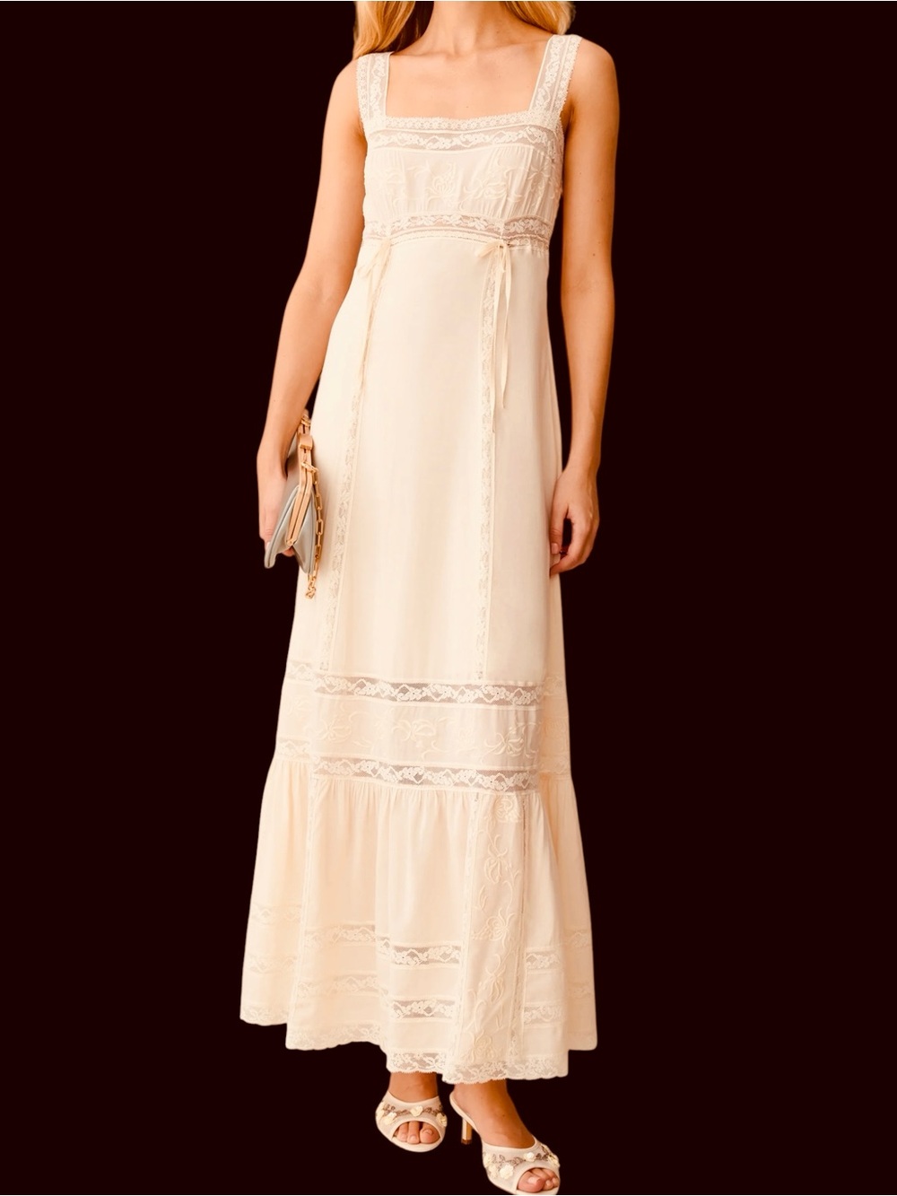 Sorella Few Moda Dove Dress Cream Lace Trim Maxi NWT
